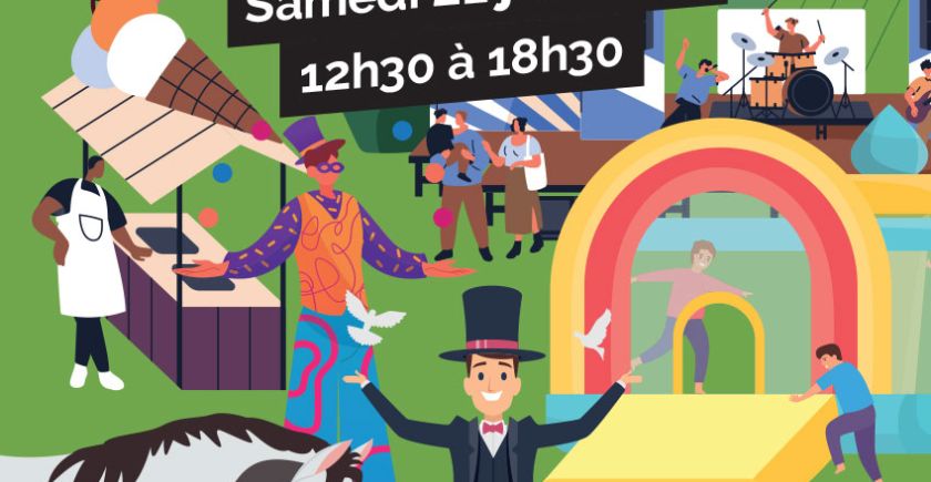 Affiche de fête de quartier : musique, poney, magicien