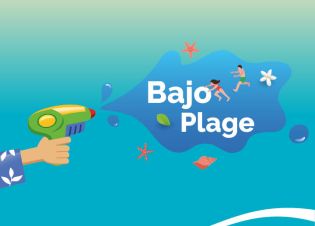 Illustration : un pistolet à eau avec Bajo plage inscrit dans la bulle d'eau