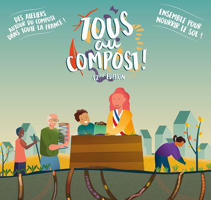 Des citoyens utilisant un composteur sont dessinés sur l'affiche annonçant l'opération Tous au compost