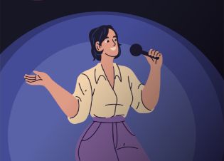 Dessin style BD d'une actrice sur scène parlant au micro