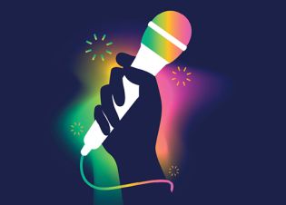 Illustration une main tenant un micro couleurs fluo