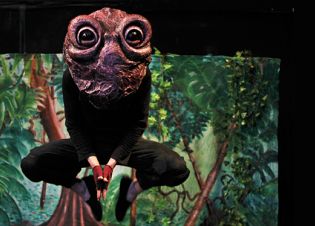 Un acteur portant un masque de crapaud saute