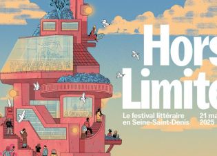 Affiche Festival Hors Limites 2025 : une maison dessinée en rose et bleue dans le ciel