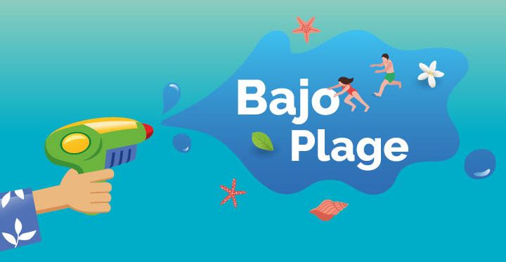 Illustration : un pistolet à eau avec Bajo plage inscrit dans la bulle d'eau
