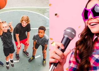 Des enfants jouent au basket et une fillette chante