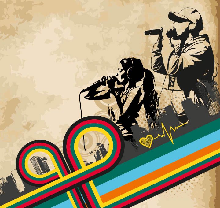 Dessin de jeunes rappeurs au micro dans un milieu urbain