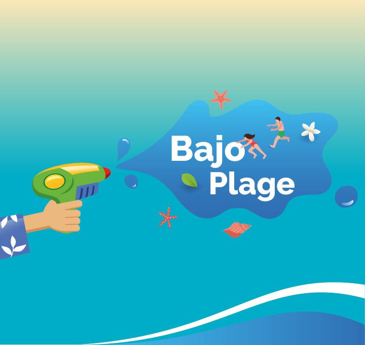 Illustration : un pistolet à eau avec Bajo plage inscrit dans la bulle d'eau